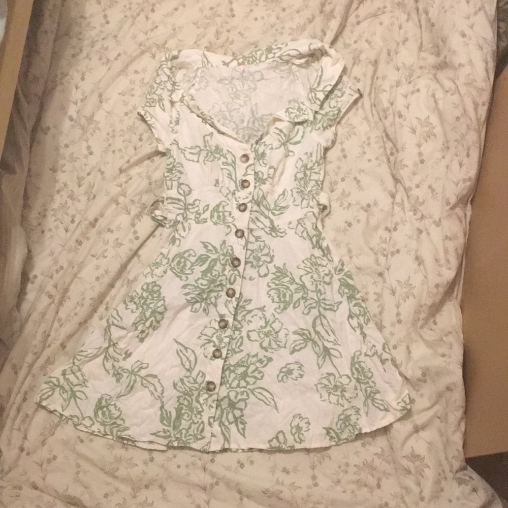 Free People White Mini Dress with Green Floral Print
